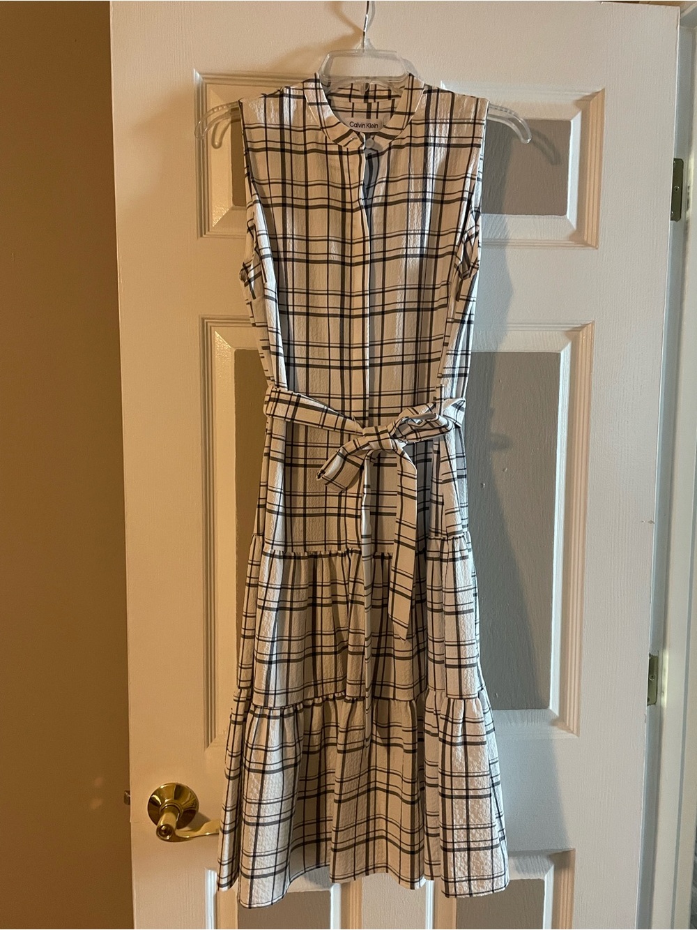 Calvin Klein Black & White Plaid Sleeveless Tie-Waist Midi Dress